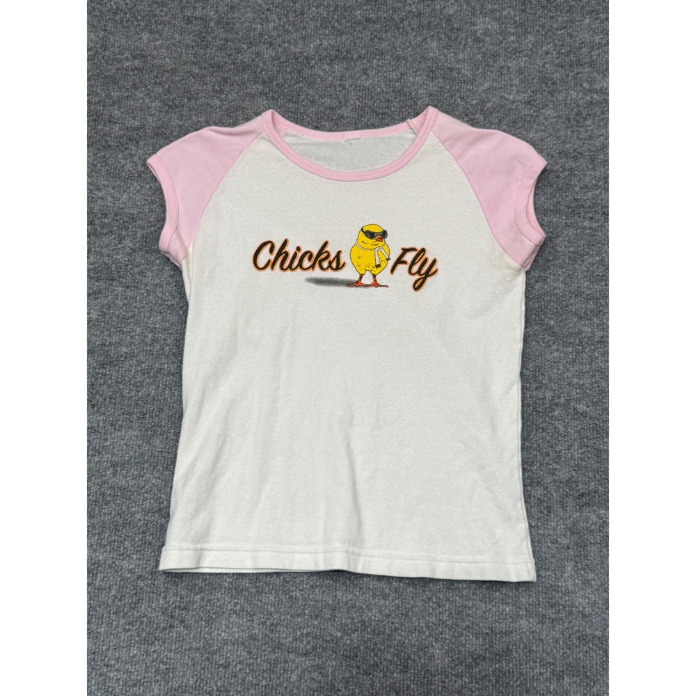 Chicks Fly Graphic Baby Tee Pink White Raglan Short Sleeve Y2K Style Shirt Small